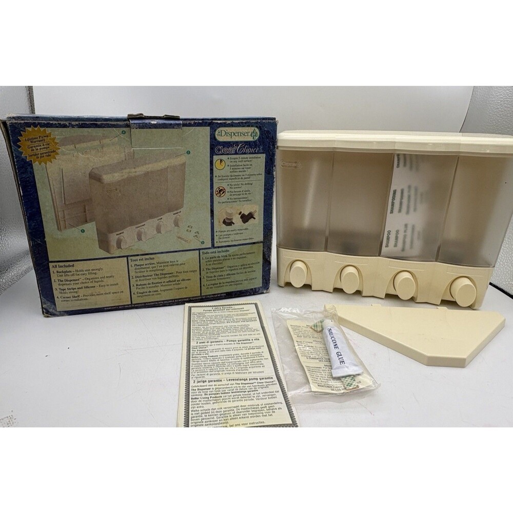 NOS The Dispenser Clear Choice 4 Chamber Shower Dispenser Wall Mount NIB